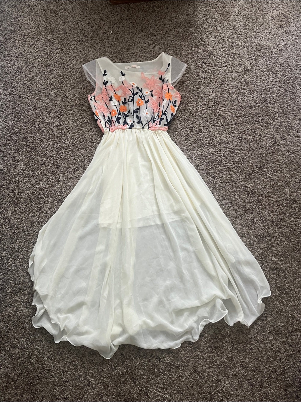 Long white float floral dress see through at the bottom high low